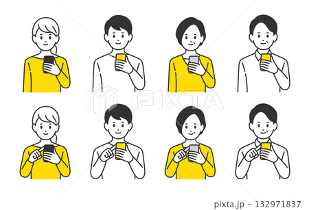 スマホを持つ･操作する若い･中年男女のセット【人物ベクターイラスト素材】 132971837