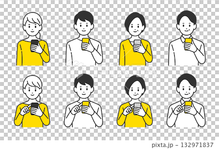 スマホを持つ･操作する若い･中年男女のセット【人物ベクターイラスト素材】 132971837