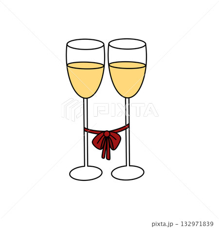 Two wine glasses with a red ribbon tied around the stems Two wine glasses with a red ribbon tied around the stems 132971839