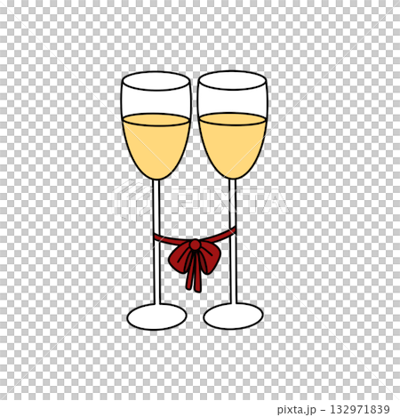 Two wine glasses with a red ribbon tied around the stems Two wine glasses with a red ribbon tied around the stems 132971839