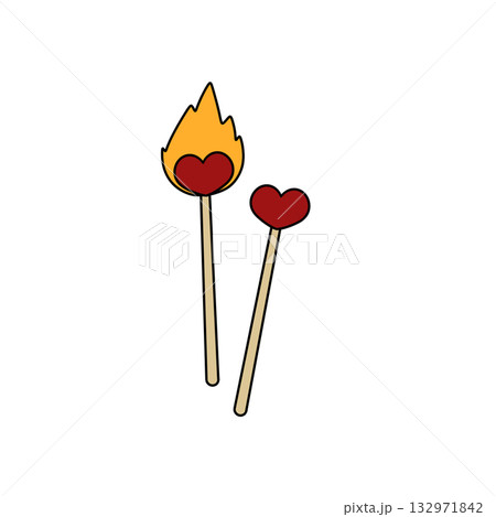 Two sticks with hearts on them and a flame 132971842