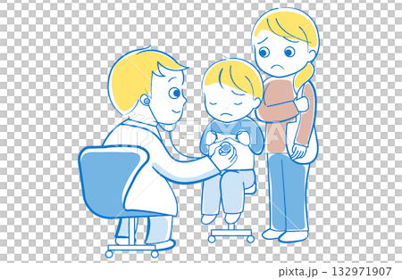 Illustration of a mother and her child being examined by a doctor Illustration of a mother and her child being examined by a doctor 132971907