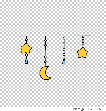 A star and a moon are hanging from a string 132971927