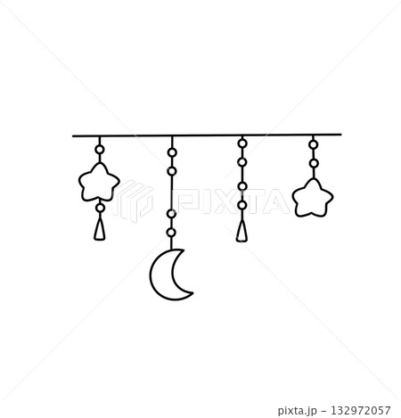 A black and white drawing of a moon and stars hanging from a string A black and white drawing of a moon and stars hanging from a string 132972057