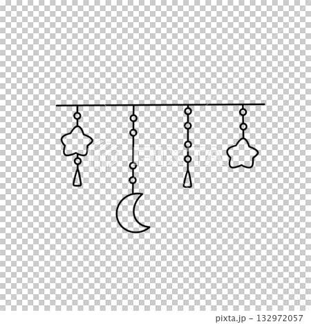 A black and white drawing of a moon and stars hanging from a string A black and white drawing of a moon and stars hanging from a string 132972057