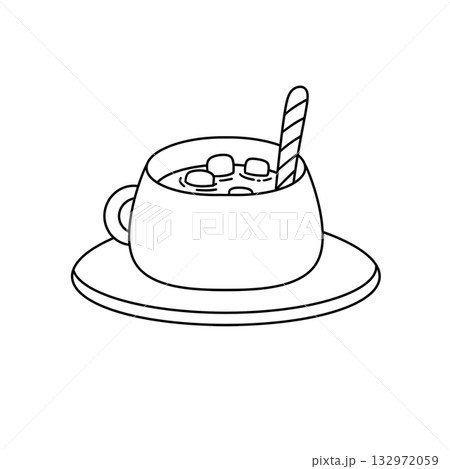 A cup of hot chocolate with marshmallows and a straw A cup of hot chocolate with marshmallows and a straw 132972059