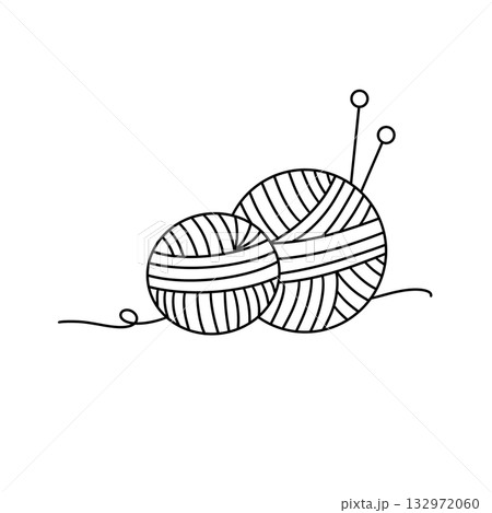 Two balls of yarn are shown in a black and white drawing Two balls of yarn are shown in a black and white drawing 132972060