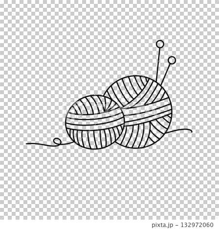 Two balls of yarn are shown in a black and white drawing Two balls of yarn are shown in a black and white drawing 132972060