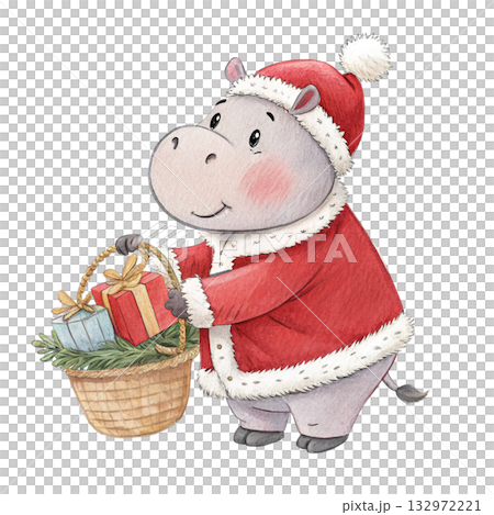 hippopotamus in Santa Claus costume holding a Christmas basket 132972221