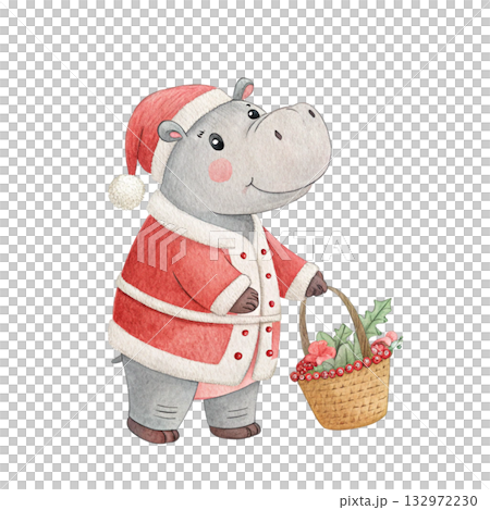 hippopotamus in Santa Claus costume holding a Christmas basket 132972230