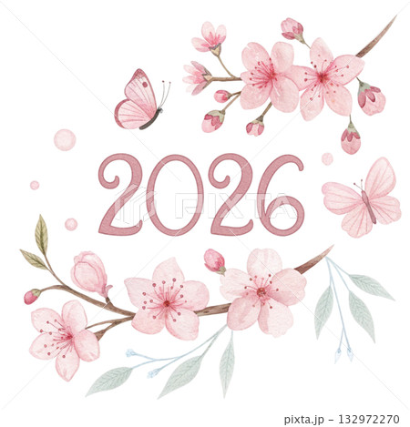 Minimal watercolor illustration of 2026 surrounded 132972270