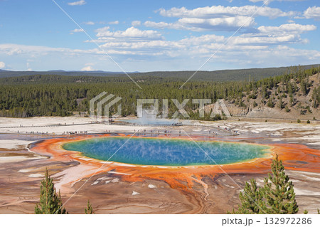 Grand Prismatic Spring, Yellowstone National Park, USA, geyser, Wyoming, spring, tourists, tourism, travel, turquoise, red, yellow, blue, cloudscape, forest, fir, smoke, hot, boil, rock, hot, destinat 132972286