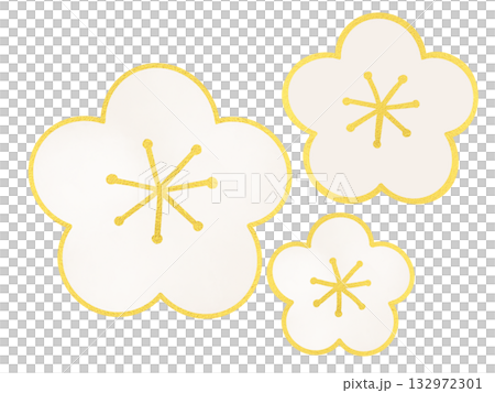 白い梅の花のイラスト・ 金縁シンプルかわいいお正月飾り素材 132972301
