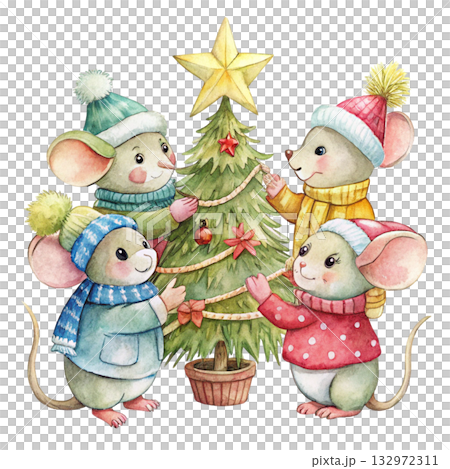 cute mice decorating a Christmas tree cute mice decorating a Christmas tree 132972311