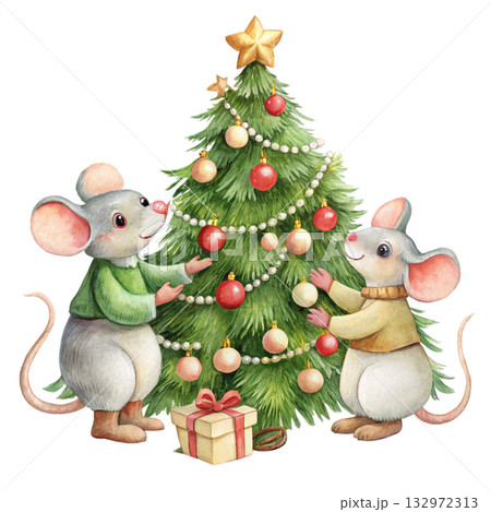 cute mice decorating a Christmas tree 132972313