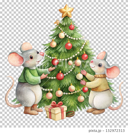 cute mice decorating a Christmas tree 132972313