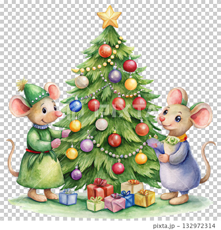 cute mice decorating a Christmas tree 132972314
