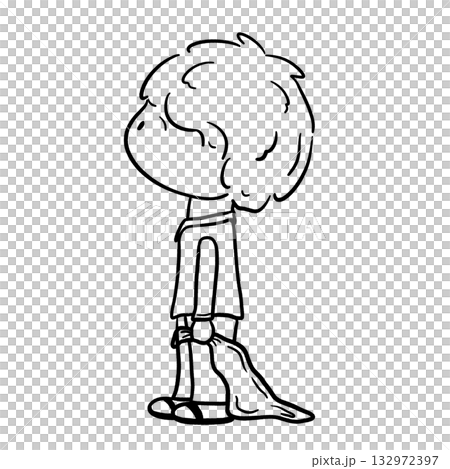 Little boy looking up with holding a blanket cartoon outline illustration 132972397