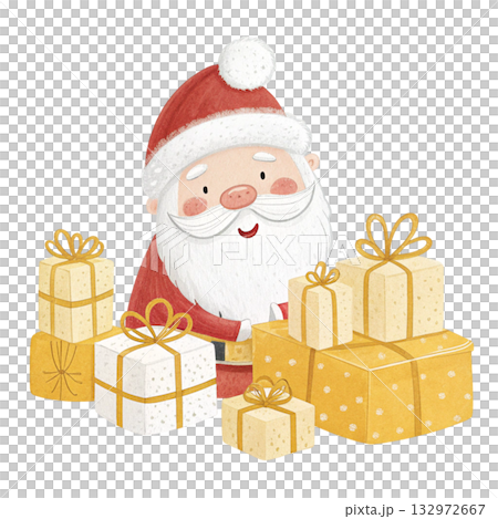 watercolor Santa Claus surrounded by golden yellow and creamy white presents 132972667