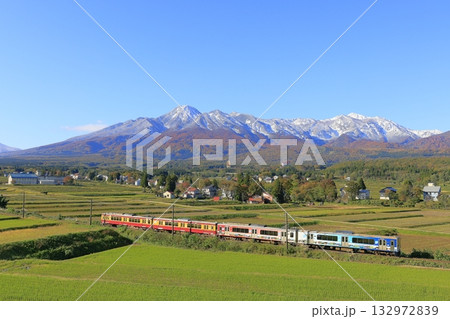 紅葉の妙高はねうまラインと初冠雪した妙高山 132972839