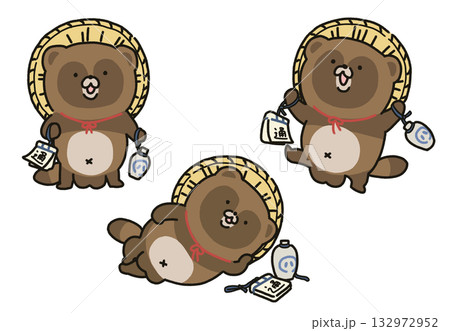 狸の置物・かわいいたぬきイラストセット 狸の置物・かわいいたぬきイラストセット 132972952
