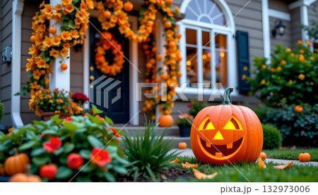 A Halloween themed front yard of a house, celebrating the holiday with festive decorations 132973006