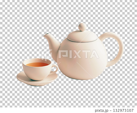 茶壺和熱茶的立體插圖 132973107