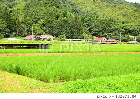 道の駅 遠野風の丘付近の水田地帯から見える釜石線 道の駅 遠野風の丘付近の水田地帯から見える釜石線 132973384