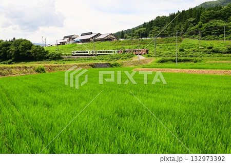 道の駅 遠野風の丘付近の水田地帯から見える釜石線 132973392