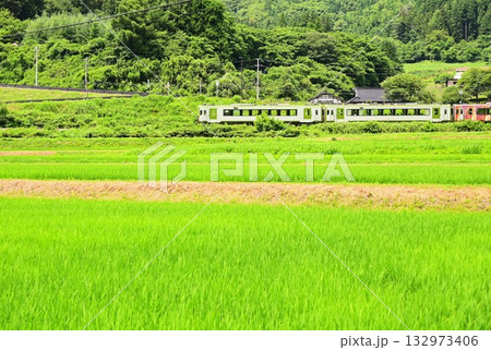 道の駅 遠野風の丘付近の水田地帯から見える釜石線 132973406