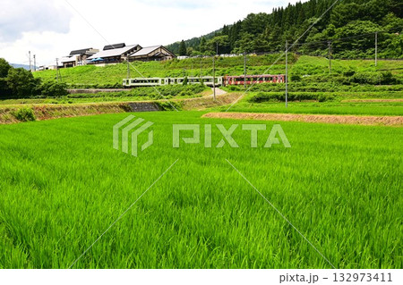 道の駅 遠野風の丘付近の水田地帯から見える釜石線 132973411