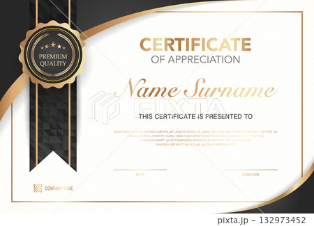 Modern certificate of appreciation template with elegant gold and black design, premium quality badge, customizable name and signature area, perfect for awards, achievement or recognition. Modern certificate of appreciation template with elegant gold and black design, premium quality badge, customizable name and signature area, perfect for awards, achievement or recognition. 132973452