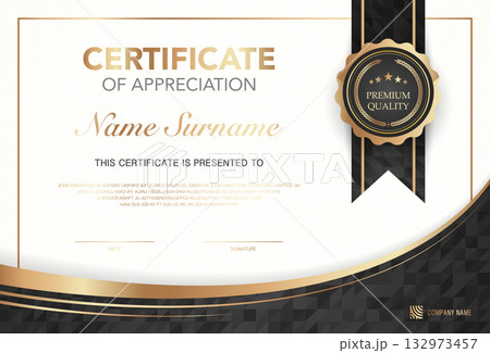 Modern certificate of appreciation template with elegant gold and black design, premium quality badge, customizable name and signature area, perfect for awards, achievement or recognition. Modern certificate of appreciation template with elegant gold and black design, premium quality badge, customizable name and signature area, perfect for awards, achievement or recognition. 132973457
