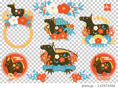 馬年新年圖示集，復古色彩，黑馬，可愛，插畫 132973488