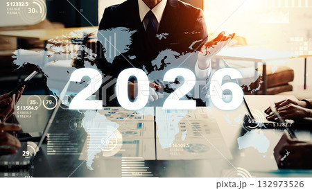 会議する人々とグローバルビジネス　2026年新年イメージ　ビジネス向け年賀状素材 132973526