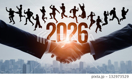 ジャンプする様々な人々と握手するビジネスパーソン　2026年新年イメージ　ビジネス向け年賀状素材 132973529