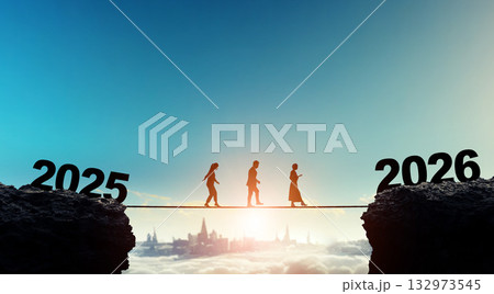 2026年へ綱渡りするビジネスグループ　ビジネス向け2026年新年イメージ　令和8年年賀状素材 132973545