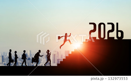 2026年へ階段を駆け上がる人々　ビジネス向け2026年新年イメージ　令和8年年賀状素材 132973553