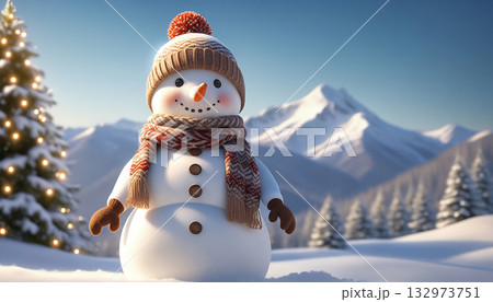 マフラーとニット帽をつけた雪だるまがリビングのソファでくつろぐ。クリスマスの飾りがされた部屋, マフラーとニット帽をつけた雪だるまがリビングのソファでくつろぐ。クリスマスの飾りがされた部屋, 132973751