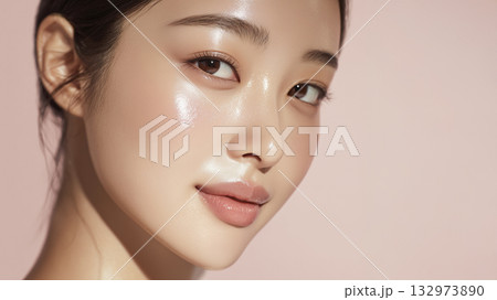 美容液を塗って肌に潤いがある女性の顔のアップ 132973890