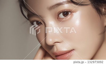 美容液を塗って肌に潤いがある女性の顔のアップ 132973892