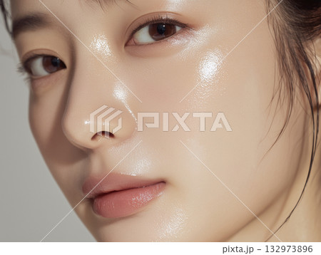 美容液を塗って肌に潤いがある女性の顔のアップ 132973896