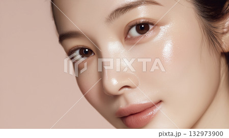 美容液を塗って肌に潤いがある女性の顔のアップ 美容液を塗って肌に潤いがある女性の顔のアップ 132973900