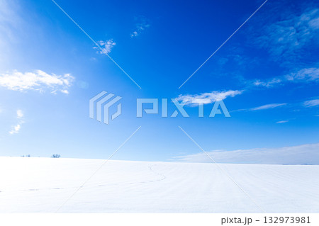 青空と雲と雪原とシンプルな冬の北海道の風景 青空と雲と雪原とシンプルな冬の北海道の風景 132973981