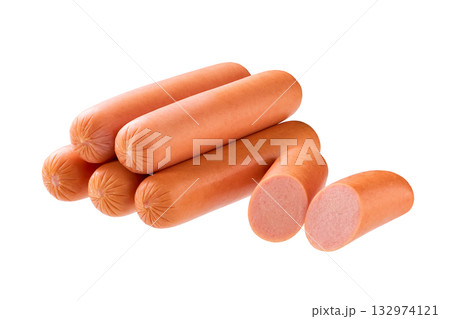 whole tasty boiled sausages isolated on white background. whole tasty boiled sausages isolated on white background. 132974121