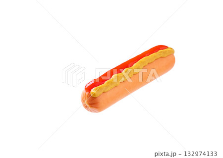 boiled sausage with ketchup and mustard isolated. 132974133