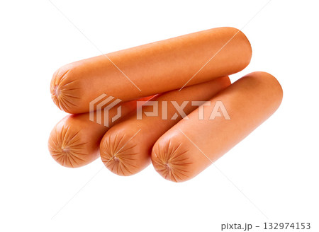 whole boiled sausages isolated on white background. Fresh boiled sausage  isolated on white background. 132974153