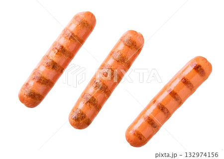 Grilled sausages, isolated on white background, top view. Grilled sausages, isolated on white background, top view. 132974156