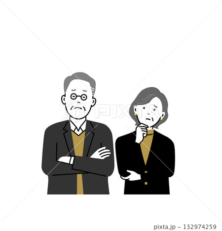 悩むシニア夫婦のイラスト|老後・お金・介護・相続などを考える高齢者の表情 悩むシニア夫婦のイラスト|老後・お金・介護・相続などを考える高齢者の表情 132974259