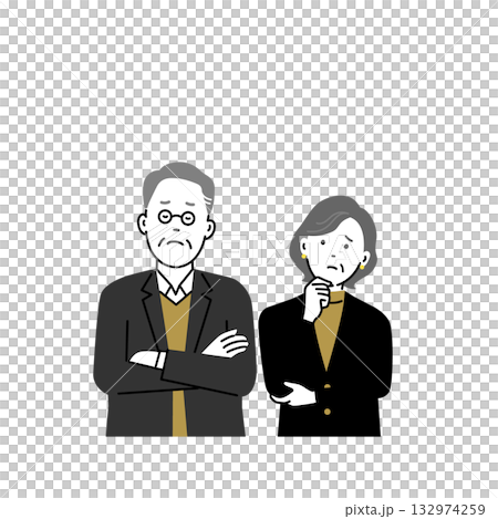 悩むシニア夫婦のイラスト|老後・お金・介護・相続などを考える高齢者の表情 悩むシニア夫婦のイラスト|老後・お金・介護・相続などを考える高齢者の表情 132974259